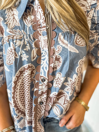 Cocoa Sky Paisley Button Down Scallop Detail Top