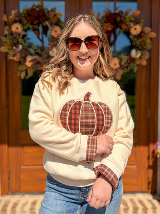 Ecru Plaid Pumpkin Patchwork Sweater