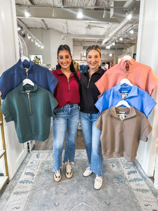 DOORBUSTER: Tan Rose Polish Scuba Half Zip Short Sleeve Pullover