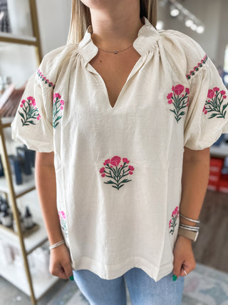 Cream Cottage Bloom Embroidered Bubble Sleeve Blouse