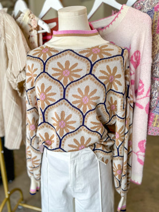 Cream Petal Mosaic Mock Neck Longsleeve Sweater