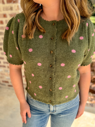 Olive & Pink Polka Dot Scalloped Trim Sweater