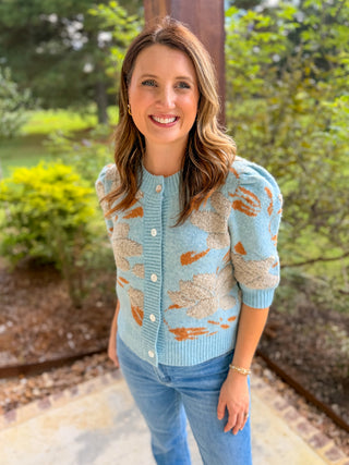 Blue Taupe Petal & Knit Short Sleeve Cardigan