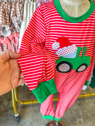 Red Santa Truck Applique Stripe Boys Romper