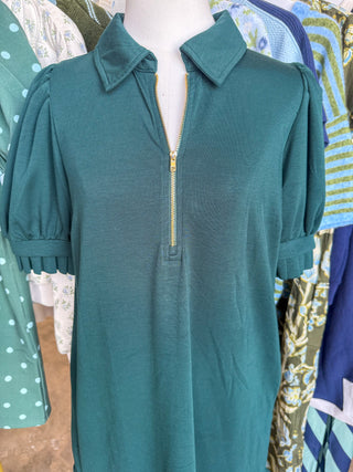 Hunter Green Pretty In Pleats Half Zip Mini Dress