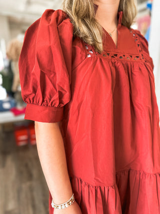 Brick Laurel Lace Trim Mini Dress