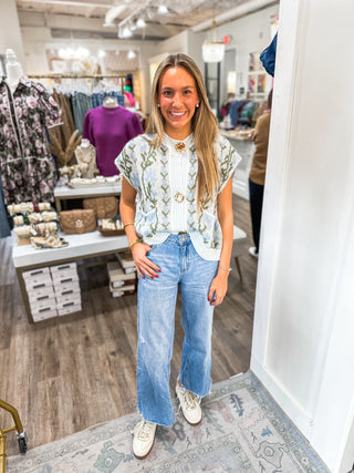 Light Blue Flowering Charm Gold Metal Button Sleeveless Sweater