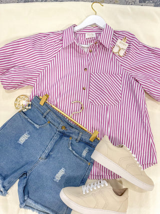 Style Everyday Off White/Magenta Striped Puff Sleeve Blouse