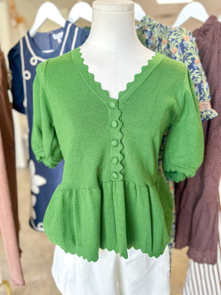 Pine Noelle Scallop Trim Peplum Knit Top