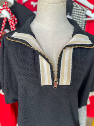 Black & Cream Clubhouse Quarter Zip Mock Neck Top