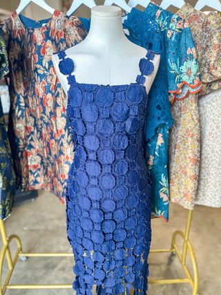 Navy Hyacinth Lace Fringe Midi Dress