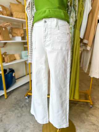 Alabaster White High-Rise Wide Crop Patch Pocket Pants