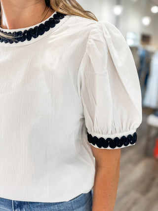 The Eloise Ivory & Black Contrast Embroidered Trim Blouse