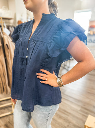 Navy Whimsical Butterfly Sleeve Button Detail Top