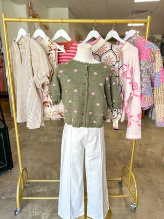 Olive & Pink Polka Dot Scalloped Trim Sweater