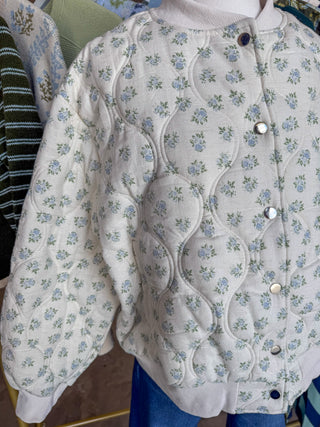 Ivory & Blue Porcelain Petals Oversized Quilted Floral Jacket