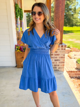 Ocean Blue Soft Structure Smocked V-Neck Mini Dress