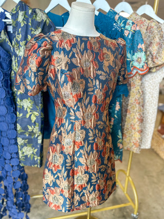 Teal Tapestry Rose Jacquard Mini Dress