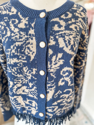 Navy Chateau Knit Fringe Cardigan
