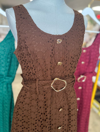 Brown Charlotte Eyelet Belted Maxi Dress