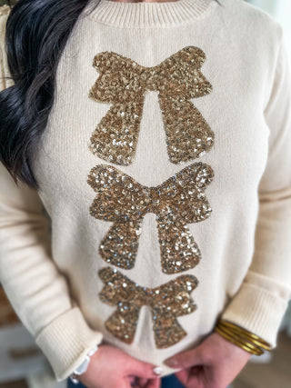 Cream/Gold Bowtiful Christmas Glamour Long Sleeve Sweater