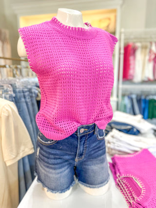 Fuchsia Savoring Summer Crochet Knit Stitching Detail Sleeveless Top