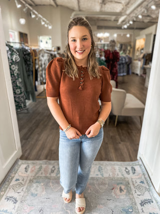 Cinnamon Feminine Edge Puff Sleeve Sweater
