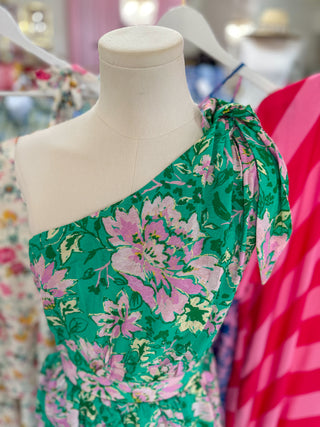 Green/Pink Pretty in Paradise Floral One Shoulder Midi Dress