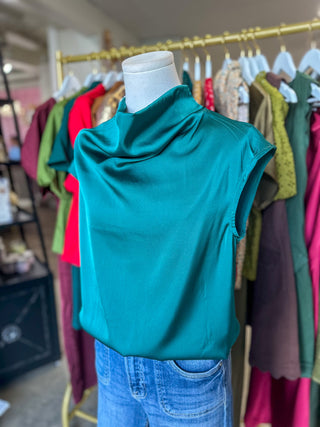 Hunter Green All Dressed Up Satin Cowl Neck Blouse