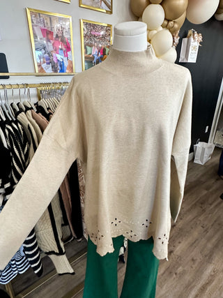 Oatmeal Soft & Sleek Scalloped Eyelet Hem Long Sleeve Sweater Top