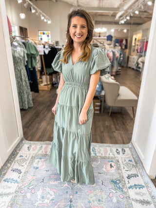 Sage Puff Sleeve V-Neck Maxi Dress