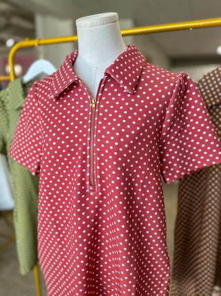 Brick Go-To Polka Dot Half Zip Mini Dress