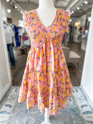 Pink & Citrus Yellow Floral Smocked Bust Mini Dress