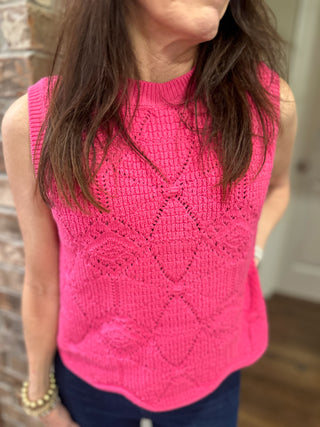 Pink Ocean Wave Scalloped Detail Sleeveless Sweater Top