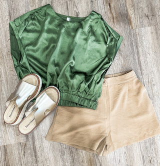 Olive Silky Sway Round Neck Cropped Top