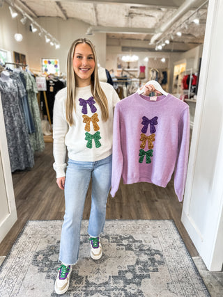 Lavender Louisiana Beaux Bella Mardi Gras Sequin Bow Sweater