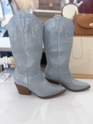 The Gabby Blue Perforated Western Boot