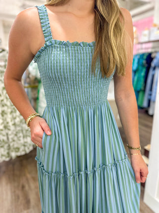 Blue & Green Morning by the Marina Stripe Midi Dress