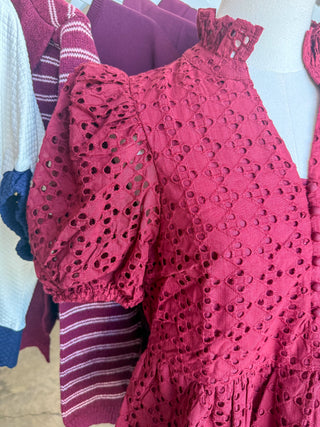 Burgundy Eloise Eyelet Peplum Top