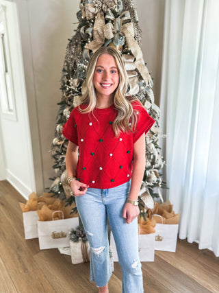 Red Jingle Knits Holiday PomPom Detail Sweater Vest