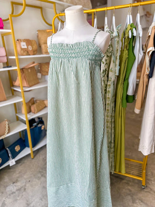 Green Forever Young Smocked Striped Maxi Dress
