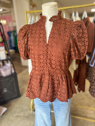 Brown Eloise Eyelet Peplum Top