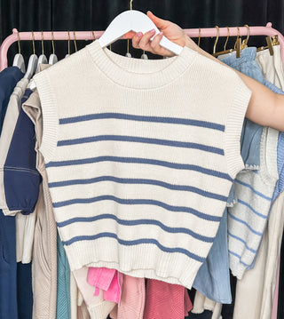 Sweetest Sass Off White/ Dusty Blue Sleeveless Striped Sweater Top