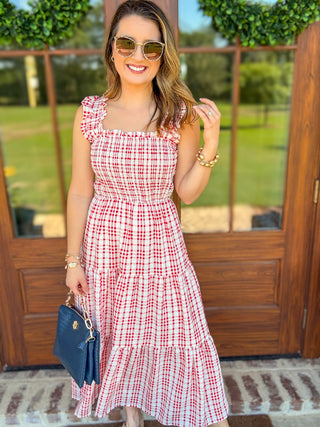 Red Plaid Smocked Tiered Midi Dress