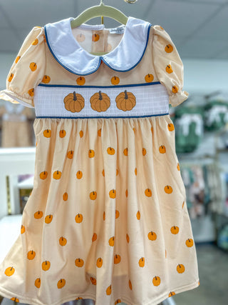 Khaki Pumpkin Trio Embroidery Smocked Dress