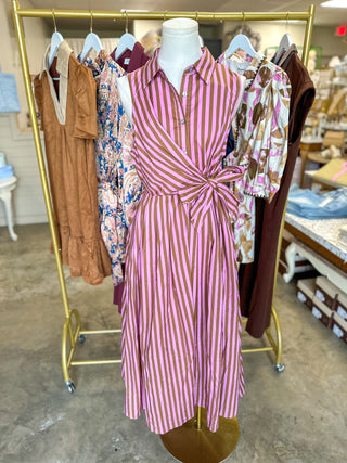 Pink Espresso Striped Tie Waist Midi Dress