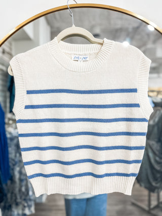 Sweetest Sass Off White/ Dusty Blue Sleeveless Striped Sweater Top