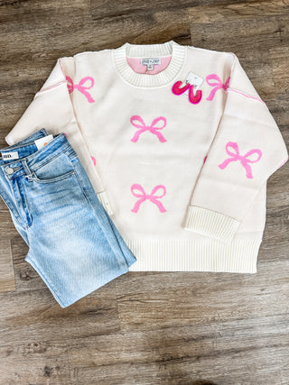 Girly Touch Pink Bows Long Sleeve Sweater Top