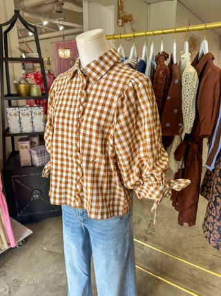 Caramel Gingham Picnic Scallop Trim Blouse