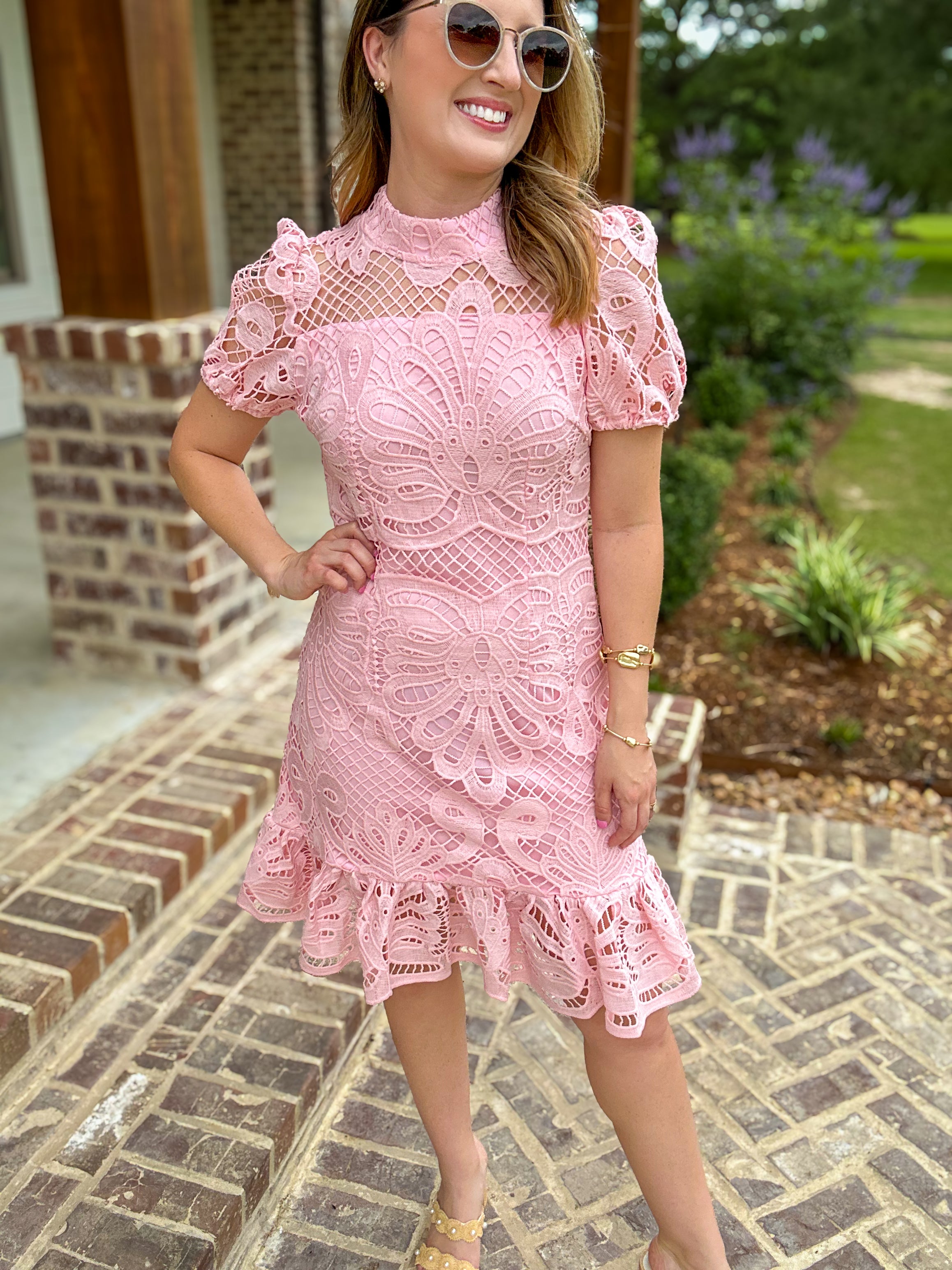 Pink Timeless Lace Short Sleeve Mini Dress Medium Pink Timeless Lace Short Sleeve Mini Dress Medium